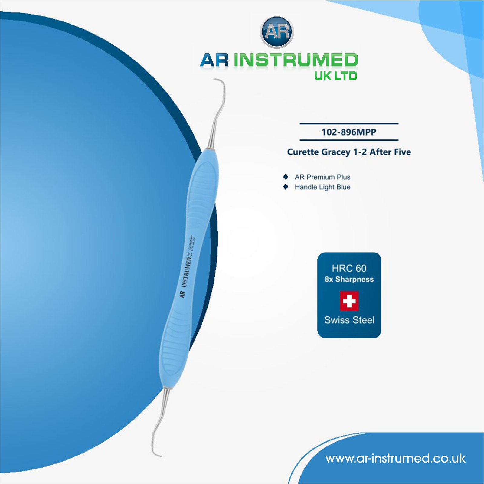 102-896MPP Curette Gracey 1-2 After Five Titanium coated AR Premium Plus Handle Light Blue - Image 1