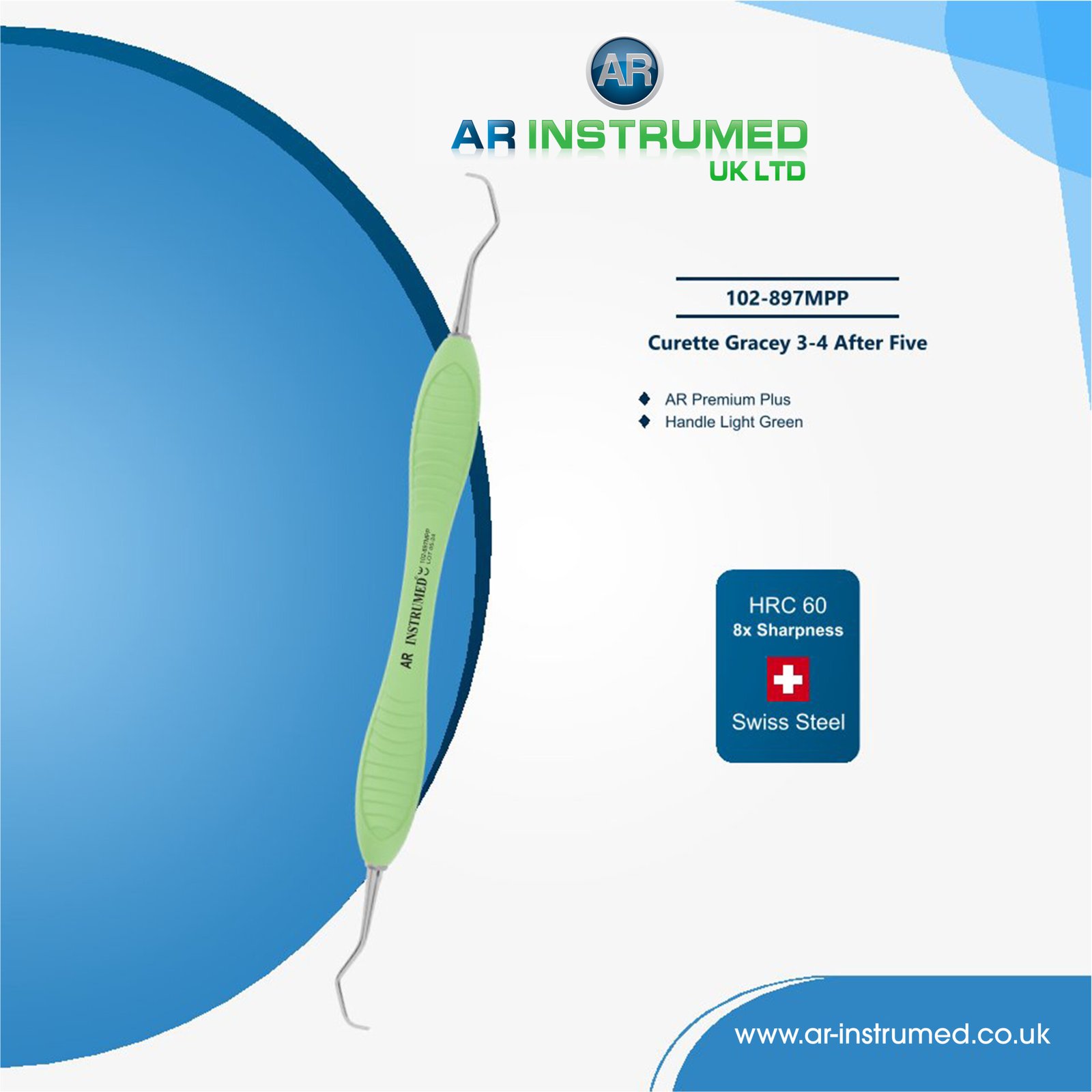 102-897MPP Curette Gracey 3-4 After Five Titanium coated AR Premium Plus Handle Light Green - Image 1