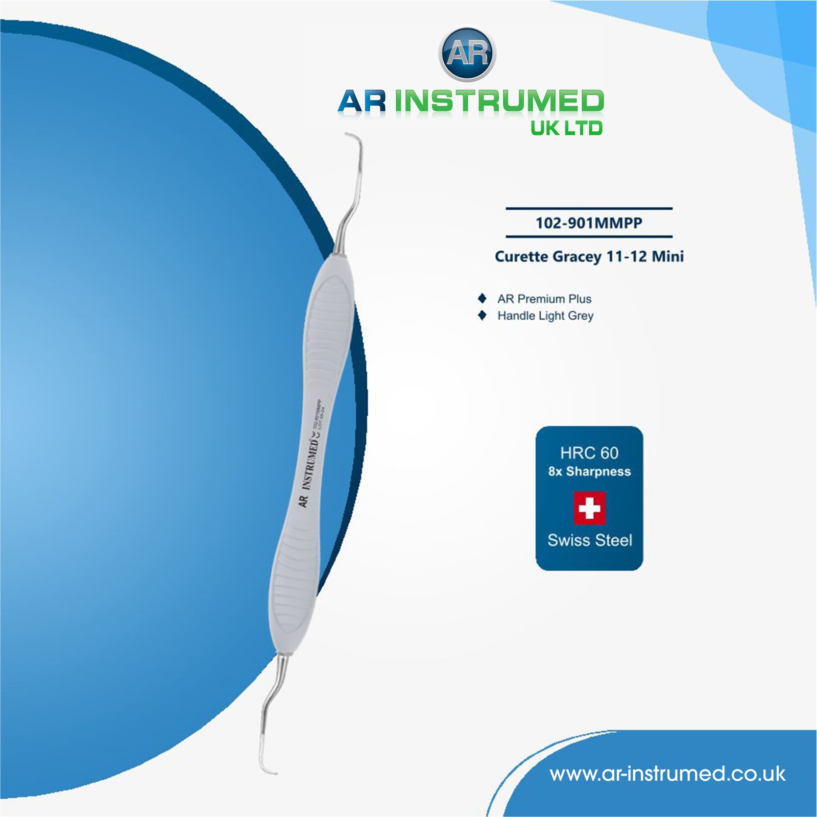 102-901MMPP Curette Gracey 11-12 Mini Titanium coated AR Premium Plus Handle Light Grey - Image 1