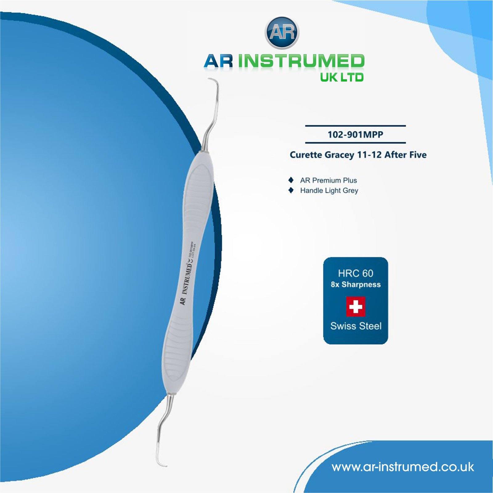 102-901MPP Curette Gracey 11-12 After Five Titanium coated AR Premium Plus Handle Light Grey - Image 1