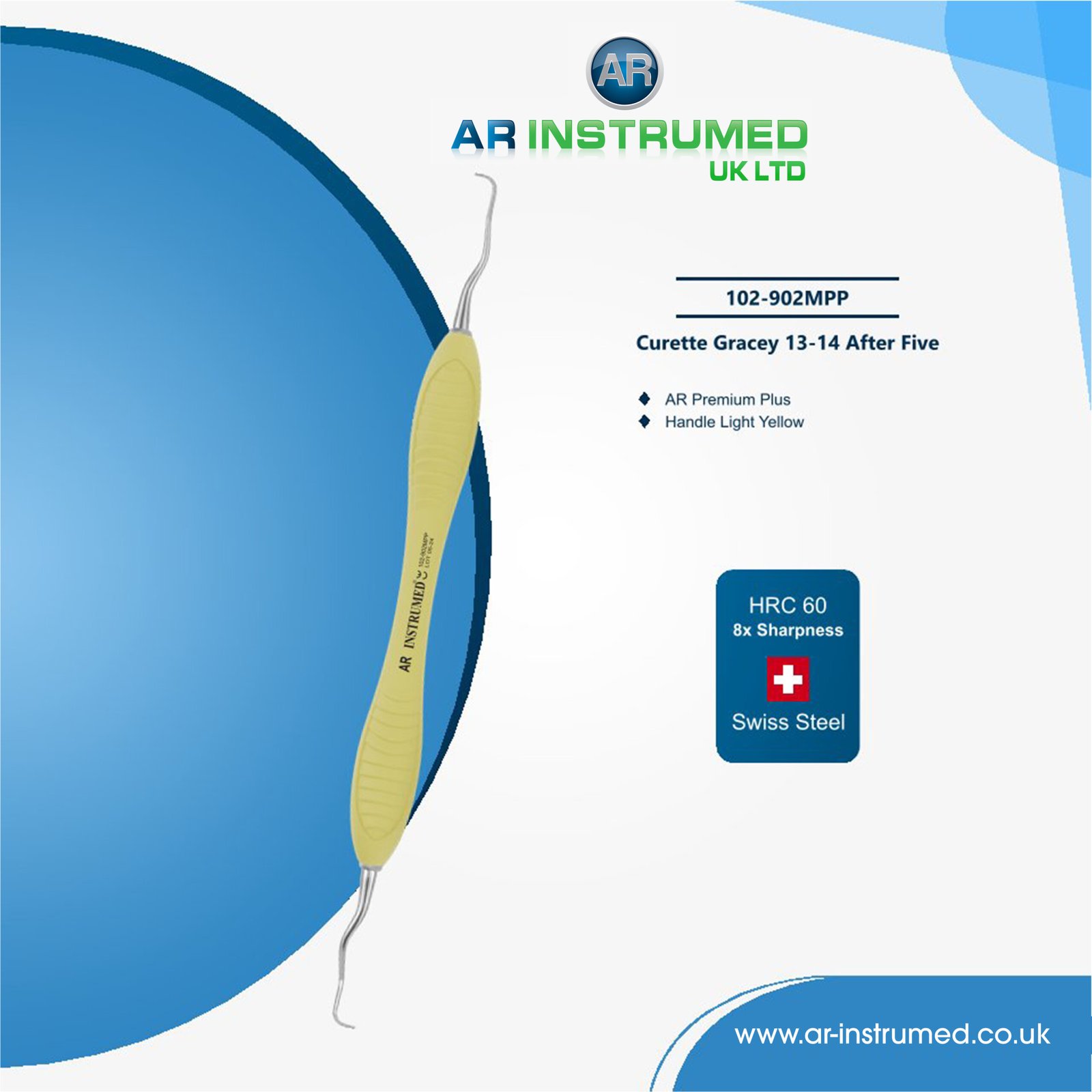 102-902MPP Curette Gracey 13-14 After Five Titanium coated AR Premium Plus Handle Light Yellow - Image 1