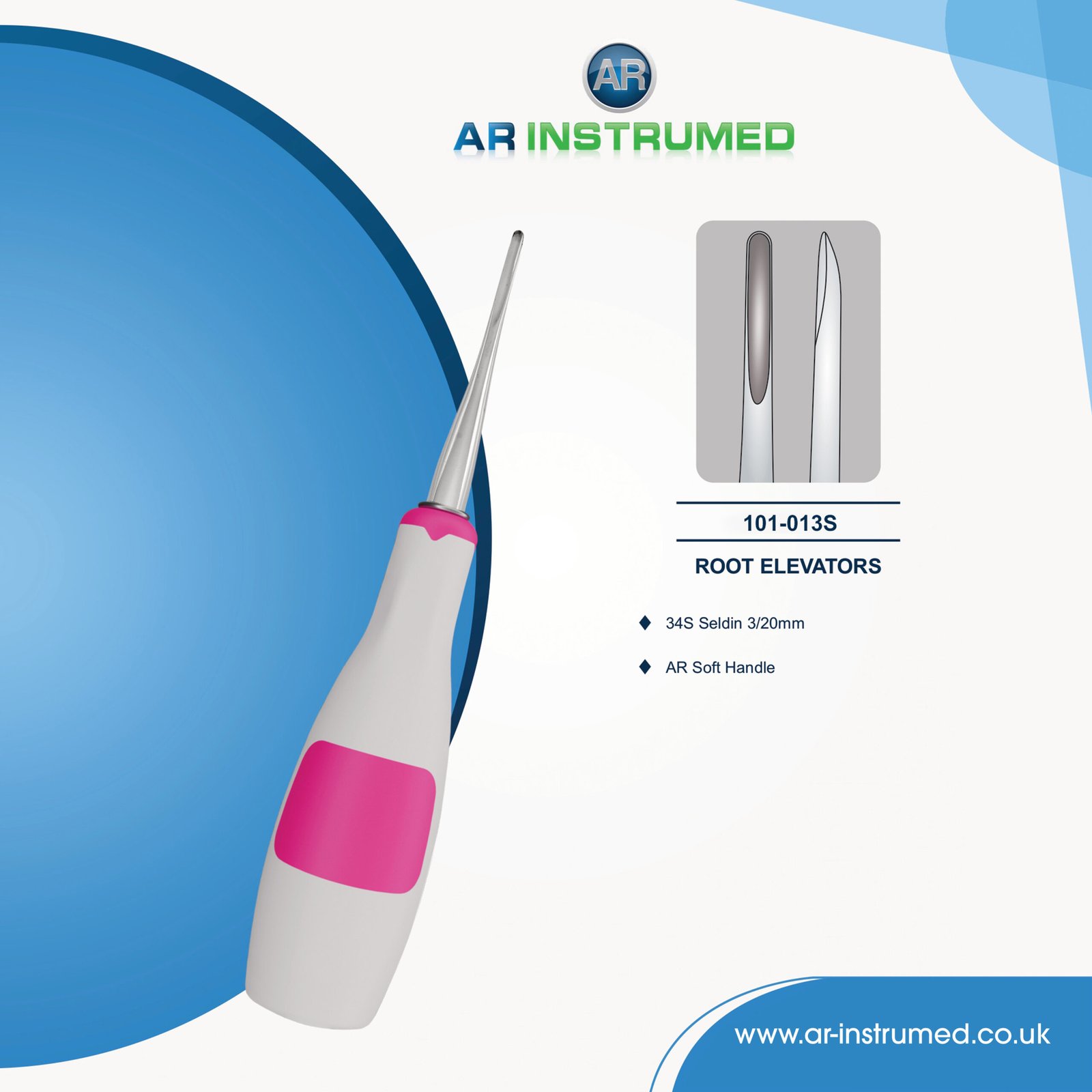 101-013S AR INSTRUMED 34S Seldin 3/20mm straight dental root elevator with light pink ergonomic silicone handle for tooth extraction