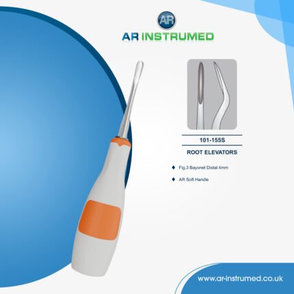 AR INSTRUME dental root elevator 4mm left curved bayonet distal tip stainless steel light orange silicone handle UK dental instrument