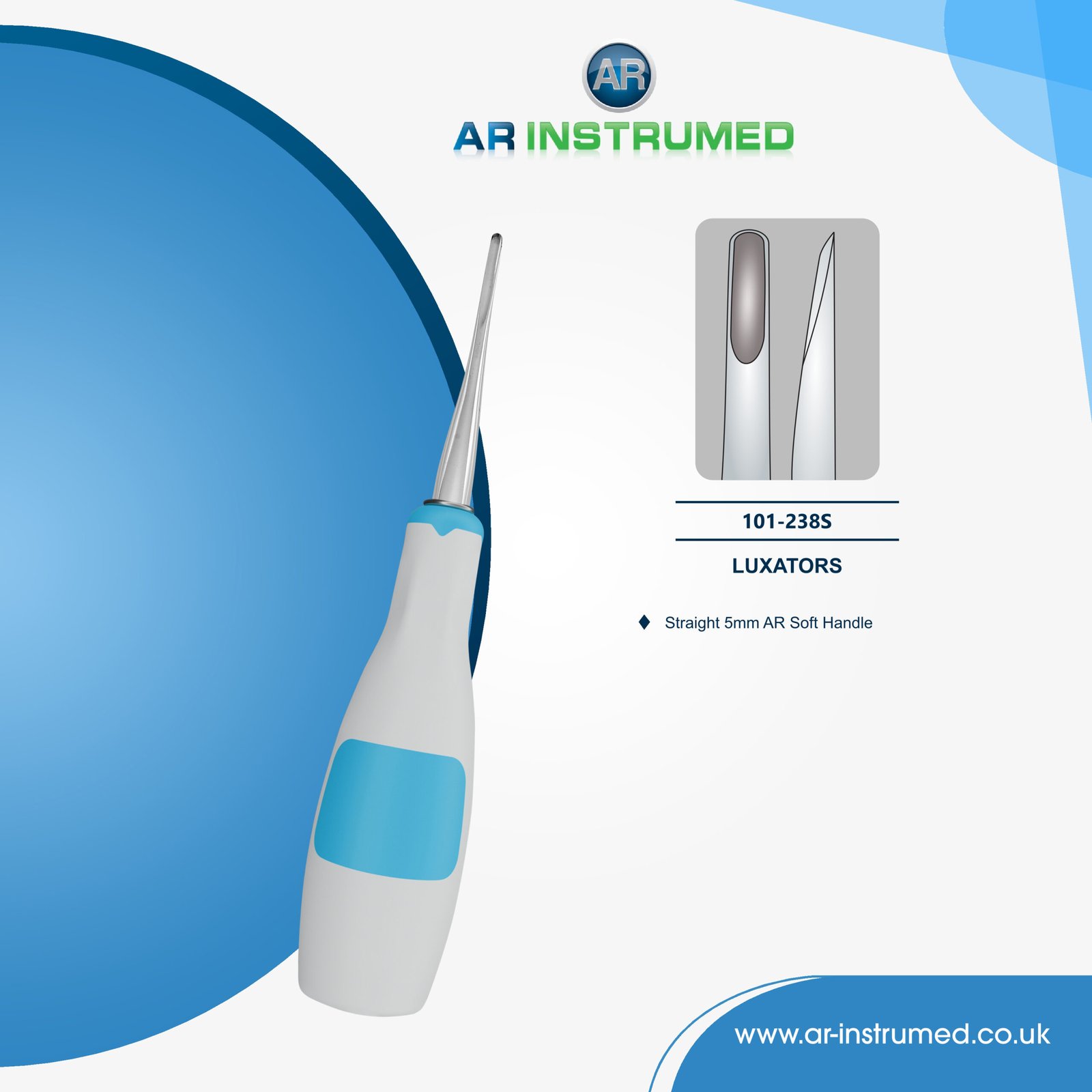 101-238S AR INSTRUMED dental root luxator tool 5mm straight tip light blue silicone handle UK instrument