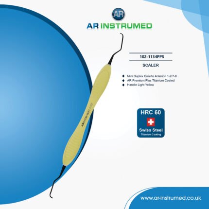 AR INSTRUMED mini duplex curette anterior scaler titanium tip light yellow handle stainless steel UK instrument