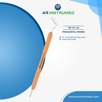 Precision-designed CP-15 Periodontal Probe with color-coded curved tip for accurate periodontal measurement Made from premium medical-grade stainless steel ensuring durability and corrosion resistance Ideal for gingival sulcus and periodontal pocket assessment with safe tissue handling Ergonomic light orange silicone handle for superior grip, comfort, and reduced hand fatigue Fully sterilizable and suitable for professional periodontal diagnostics in UK clinics