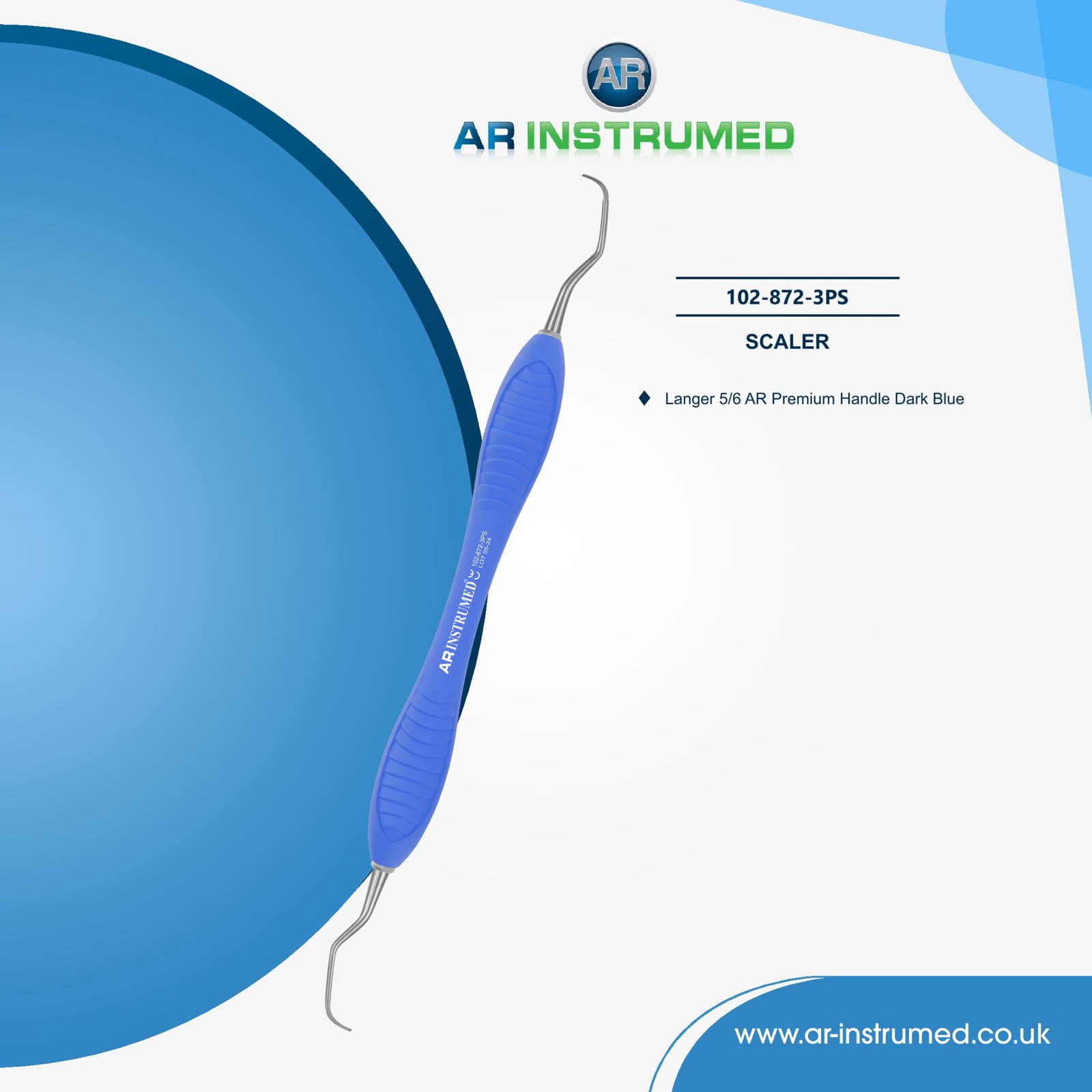102-872-3PS AR INSTRUMED dental Langer curette 5/6 curved tip blue silicone handle UK instrument