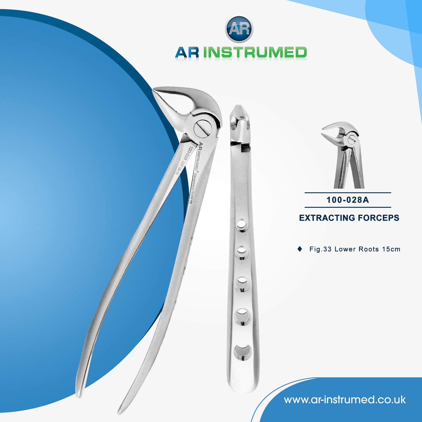 100-028A AR INSTRUMED lower roots extracting forcep stainless steel angled curved serrated jaws UK dental instrument
