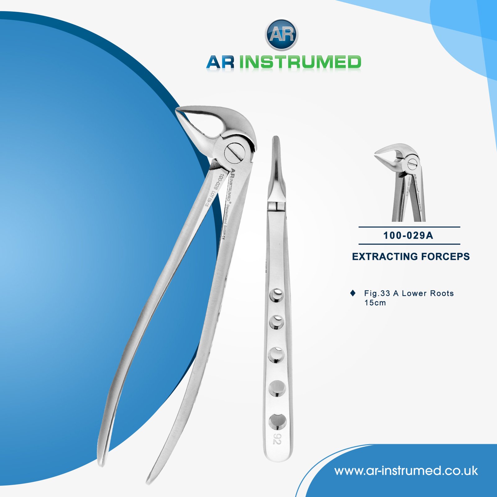 100-029A AR INSTRUMED lower roots extracting forcep stainless steel angled curved tip UK dental root forceps instrument
