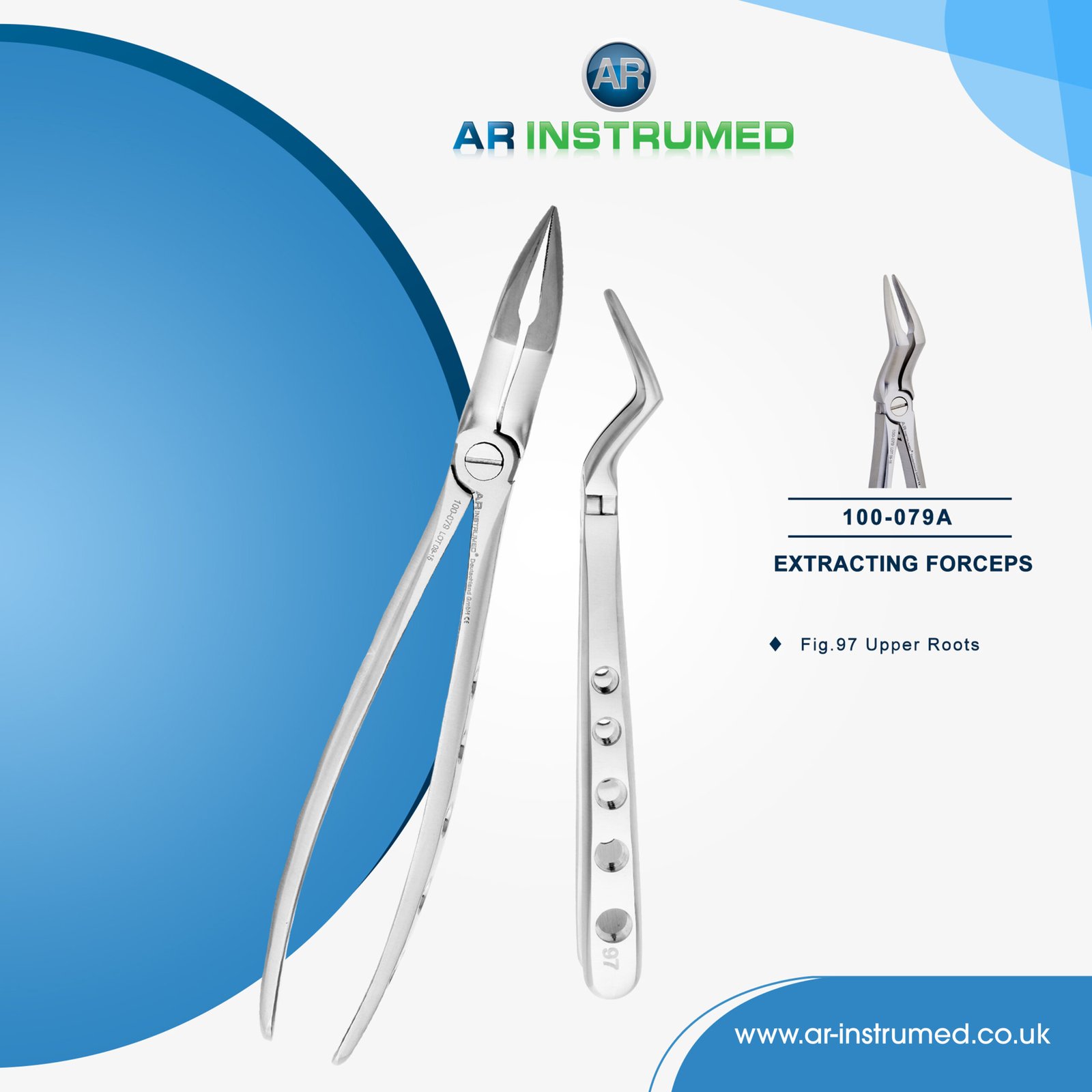 100-079A AR INSTRUMED upper roots extracting forcep stainless steel curved beak serrated jaws UK dental instrument
