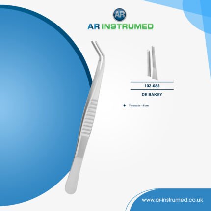 AR INSTRUMED dental DeBakey serrated curved tweezer stainless steel UK surgical tissue handling instrument narrow curved beak ergonomic textured handle dental tool