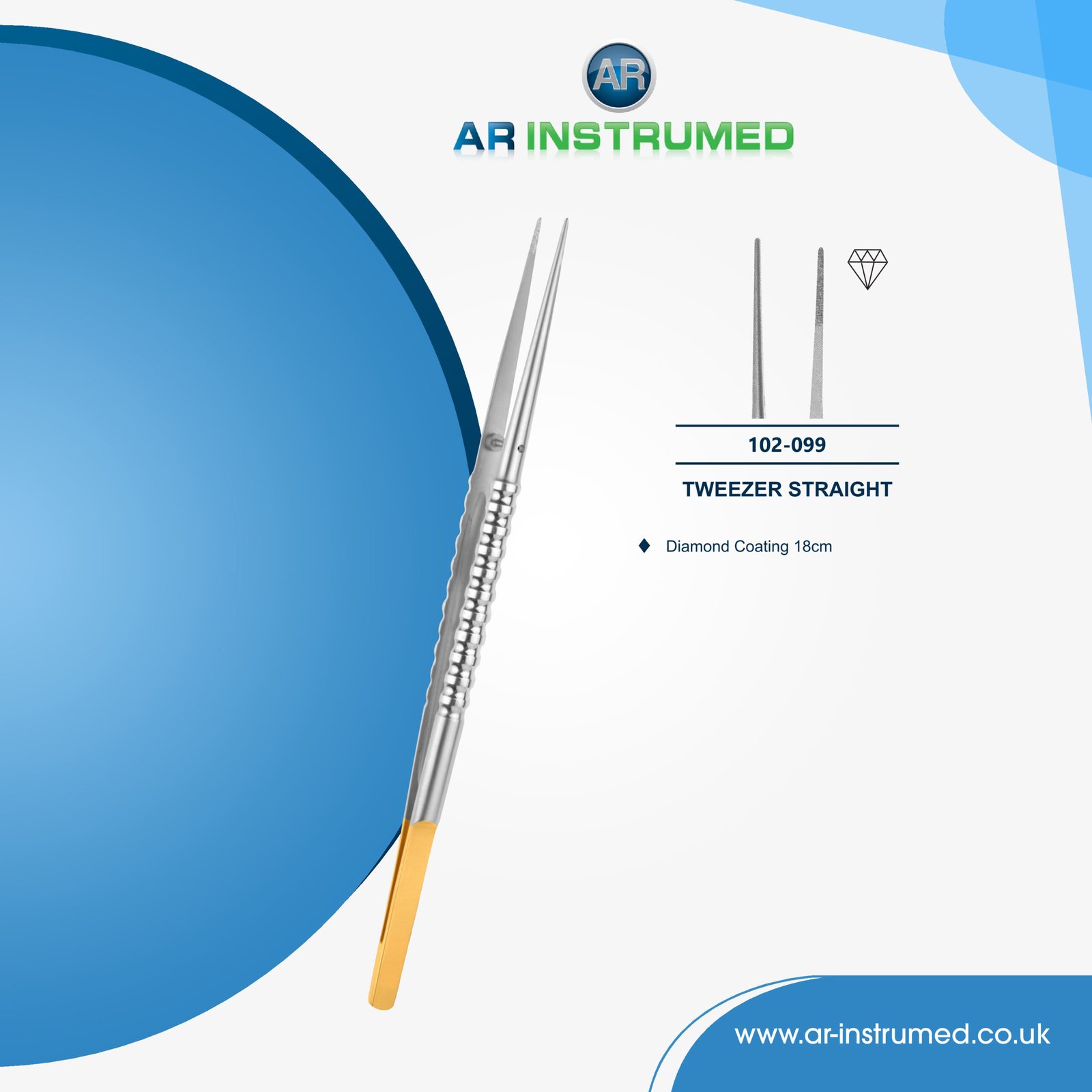 102-099 AR INSTRUMED diamond coating straight tweezer stainless steel UK dental instrument serrated sharp tip ergonomic non slip handle tissue tool