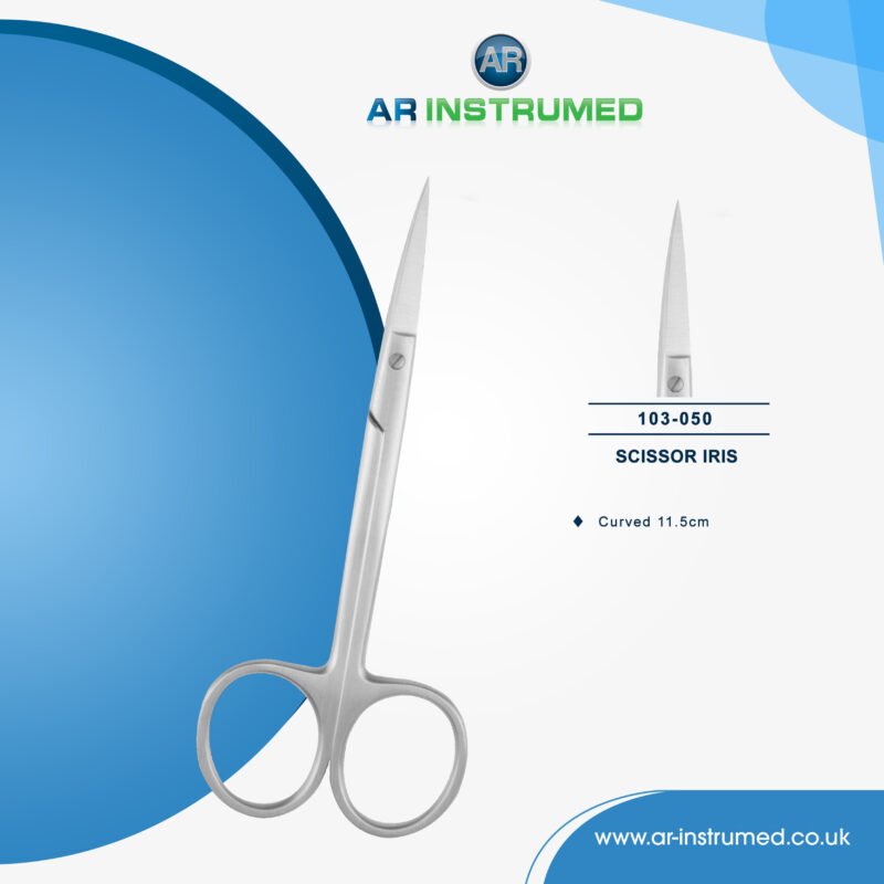 AR INSTRUMED iris curved scissors stainless steel UK dental instrument sharp curved blades ergonomic ring handles fine tissue cutting tool