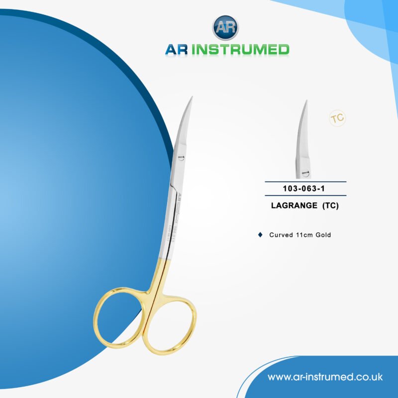 AR INSTRUMED tc la grange double curved scissors stainless steel UK dental instrument tungsten carbide blades gold ring handle surgical scissors