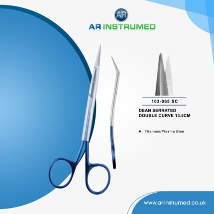 AR INSTRUMED dean double curved scissor stainless steel UK dental instrument fine point double curved blades plasma blue ring handle cutting tool