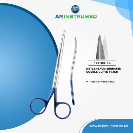 AR INSTRUMED metzenbaum serrated double curve scissors stainless steel UK dental instrument tungsten carbide serrated blades blue ergonomic handle cutting tool