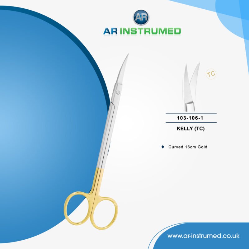AR INSTRUMED tc kelly curved scissors stainless steel UK dental instrument tungsten carbide curved blades gold ring handle surgical scissors
