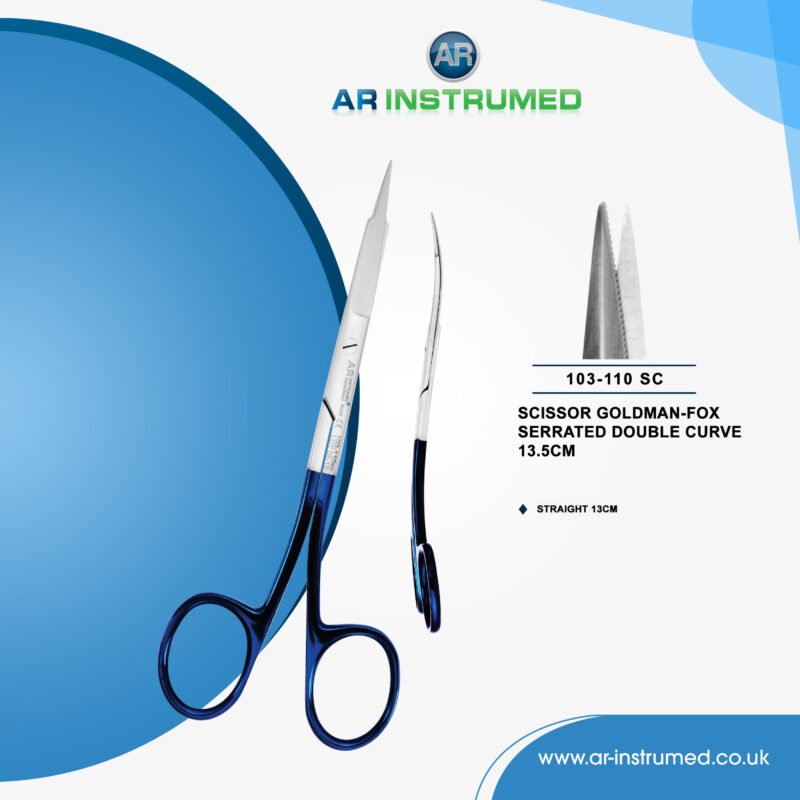 AR INSTRUMED dental goldman fox double curved scissors stainless steel UK dental instrument sharp curved blades blue ergonomic handle cutting tool