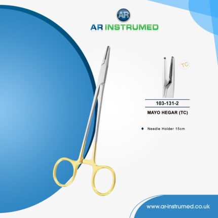 AR INSTRUMED mayo hegar needle holder stainless steel UK surgical instrument curved serrated tip gold handle dental tool