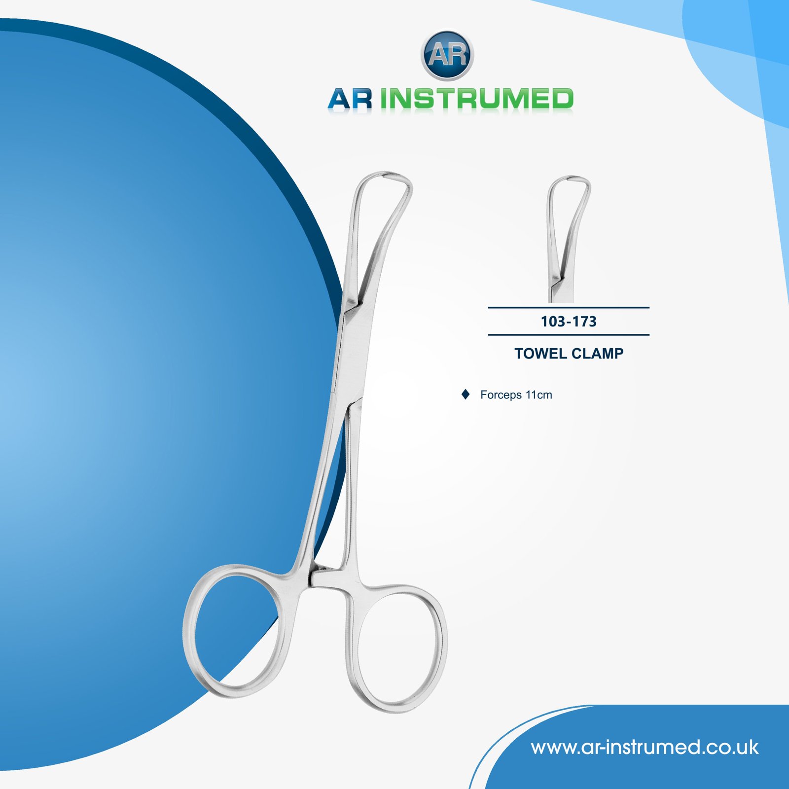 103-173 AR INSTRUMED backhaus towel clamp forceps stainless steel UK dental instrument pointed curved tips locking ring handle surgical clamp tool