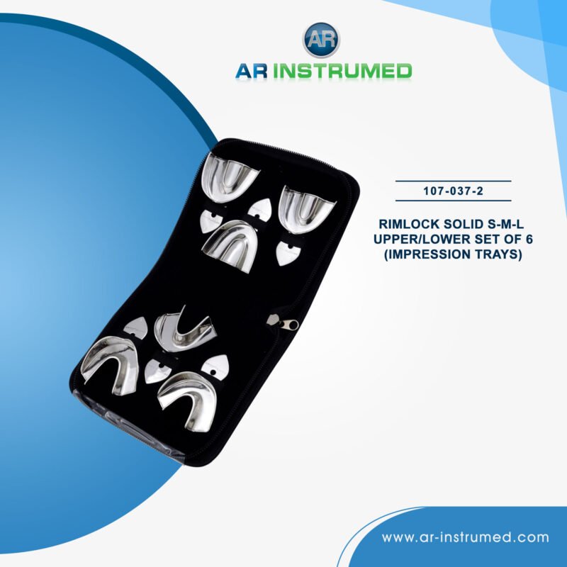 AR INSTRUMED 6 piece dental impression tray set stainless steel UK rim lock solid ergonomic size marked handles non welded sterilizable reusable dental tray set UK clinics