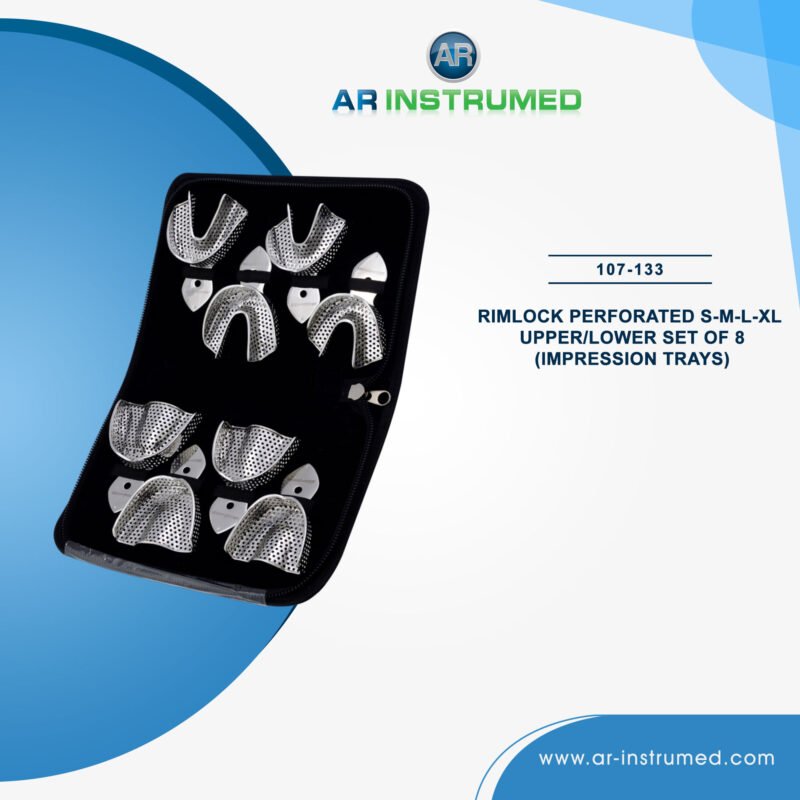 AR INSTRUMED adult 8 piece dental impression tray set stainless steel UK rim lock perforated ergonomic size marked handles non welded sterilizable reusable dental tray set UK clinics