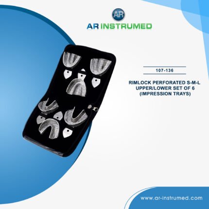 AR INSTRUMED 6 piece dental impression tray set stainless steel UK rim lock perforated ergonomic size marked handles non welded sterilizable reusable dental instrument UK tray set