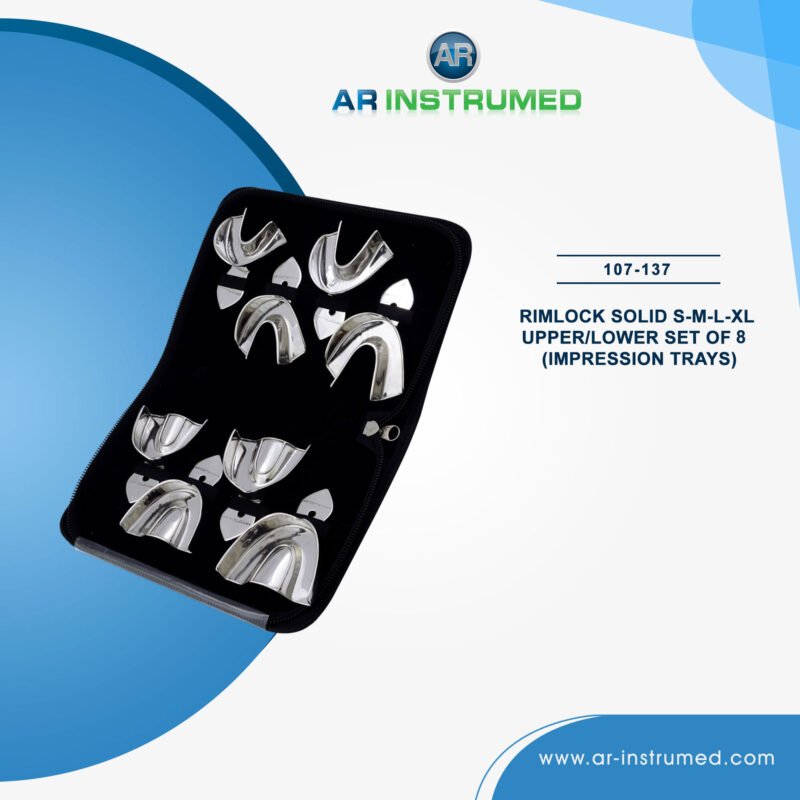 AR INSTRUMED adult 8 piece dental impression tray set stainless steel UK rim lock solid ergonomic size marked handles non welded sterilizable reusable dental tray set UK clinics