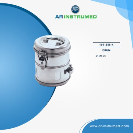 AR INSTRUMED dental sterilization drum stainless steel UK smooth polished ventilated autoclave container ergonomic easy handling reusable sterilization system dental instrument UK storage drum
