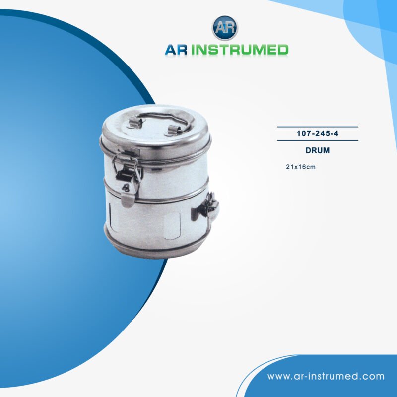 AR INSTRUMED dental sterilization drum stainless steel UK smooth polished ventilated autoclave container ergonomic easy handling reusable sterilization system dental instrument UK storage drum