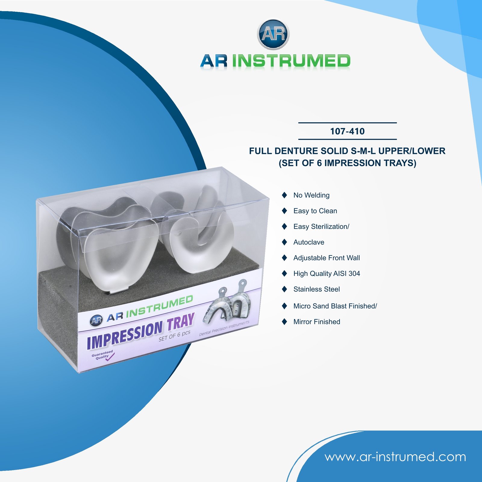 107-410 AR INSTRUMED 6 piece dental impression tray set stainless steel UK dental instrument rim lock perforated trays orthodontic impression tool