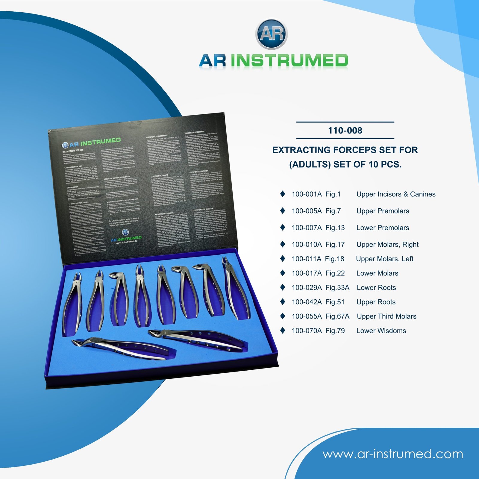 110-008 AR INSTRUMED adults 10 pcs dental extracting forceps set stainless steel curved serrated UK dental extraction instrument
