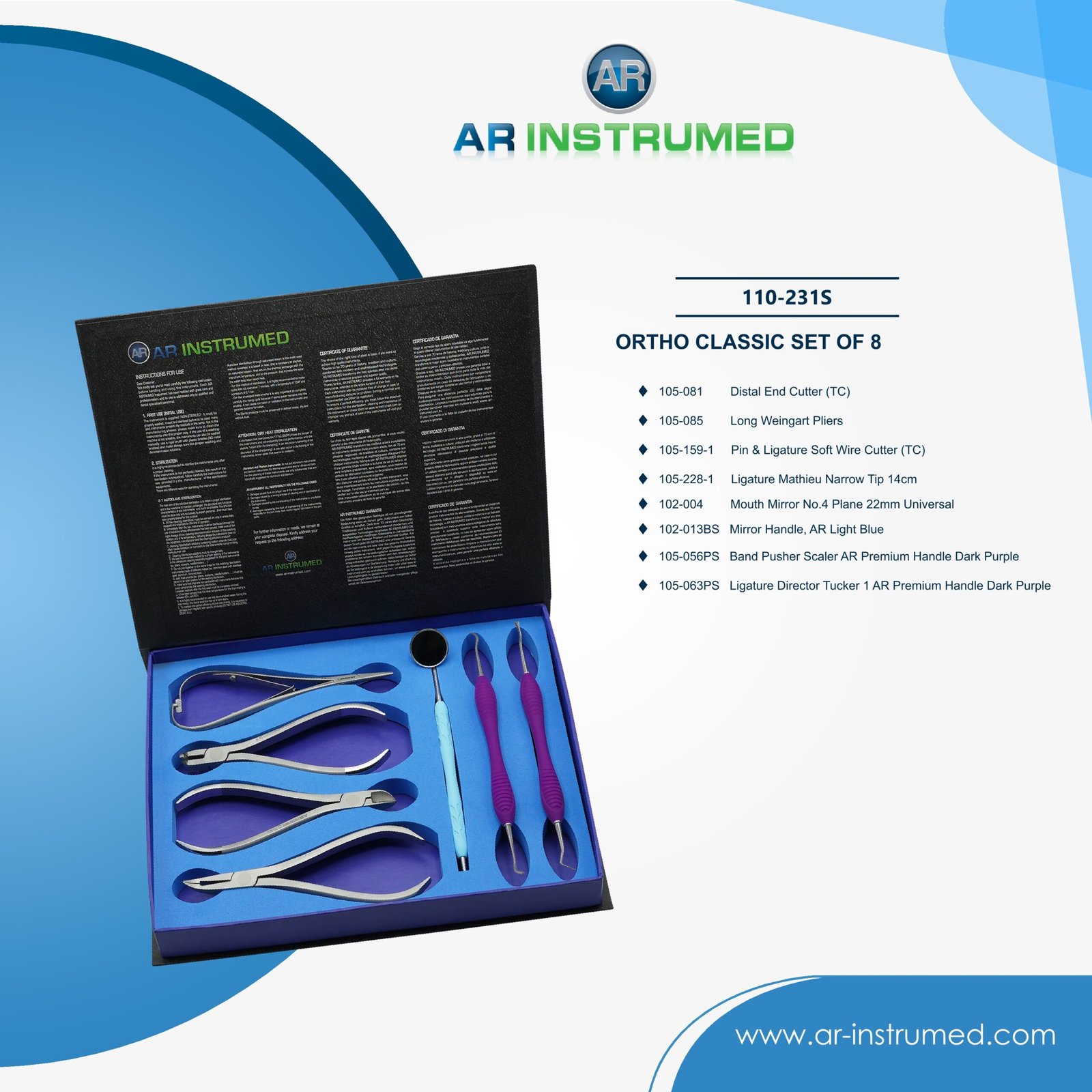 110-231S AR INSTRUMED 8 piece ortho classic set stainless steel UK dental instrument cutters pliers ligature tools orthodontic kit instruments