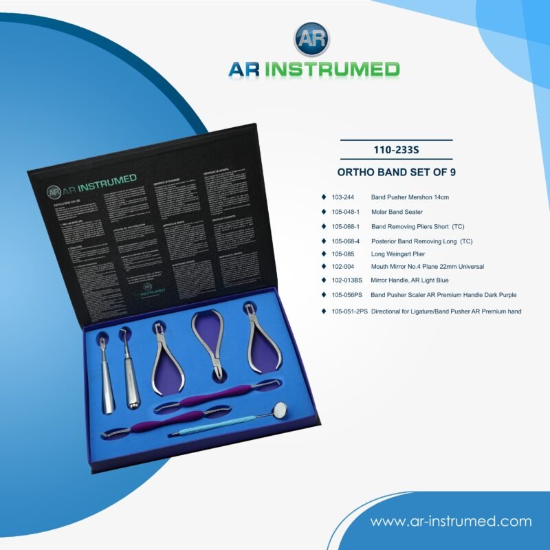 AR INSTRUMED 9 piece orthodontic band set stainless steel UK dental instrument band pushers seater remover plier orthodontic kit instruments