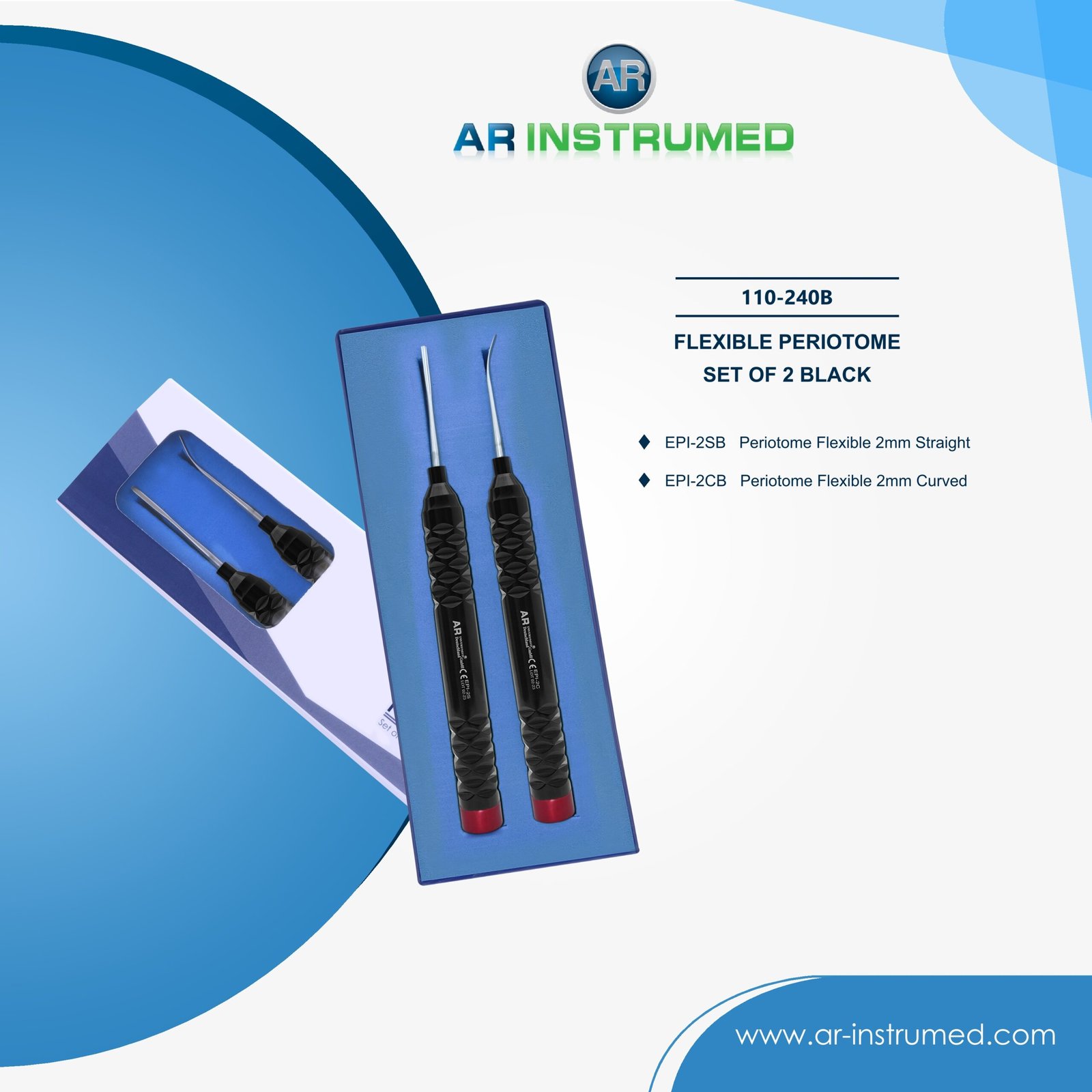 110-240B AR INSTRUMED dental flexible periotome set straight curved 2mm stainless steel black tips UK dental instruments periodontal ligament separation tool