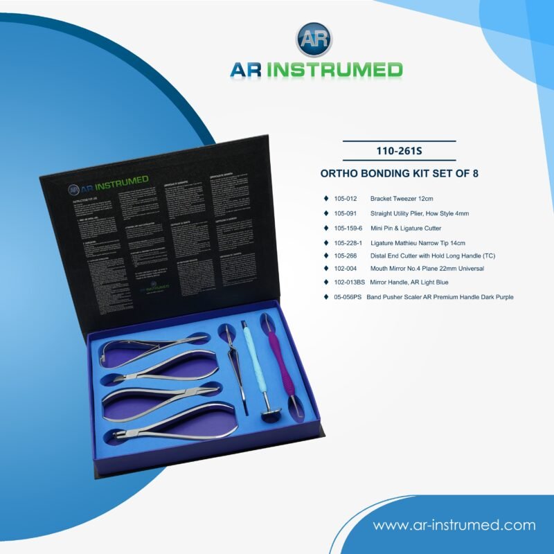 AR INSTRUMED 8 piece orthodontic bonding set stainless steel UK dental instrument tweezers pliers cutters orthodontic bonding kit instruments