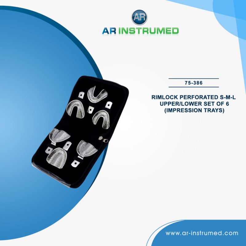 AR INSTRUMED 6 piece dental impression tray set stainless steel UK dental instrument rim lock perforated ergonomic size marked handles non welded reusable sterilizable impression set UK clinics